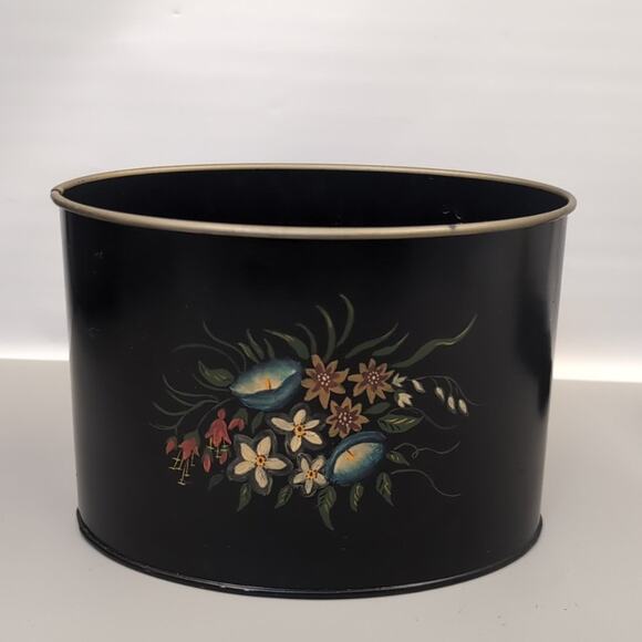 Vintage Toleware Lot Metal Tray Wastebasket Trinket Handpainted Garden Flowers - Picture 2 of 7